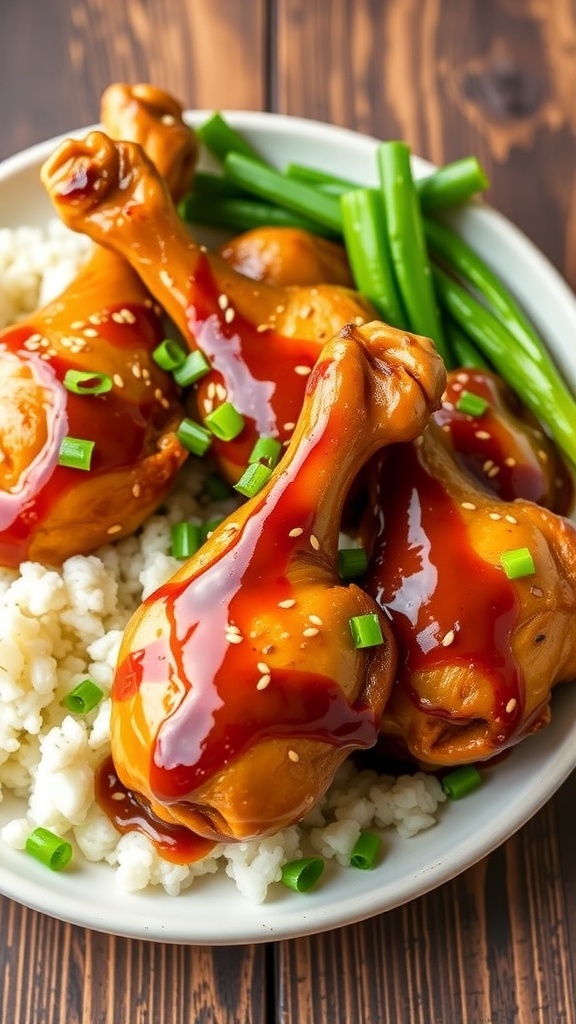 Baked chicken drumsticks with honey garlic sauce, garnished with sesame seeds and green onions, served with rice and vegetables.